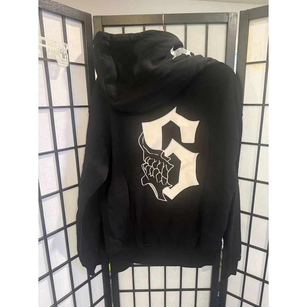Men's Medium Black Graphic Hoodie Skull 6 Streetwear Y2K Goth Oversized Back